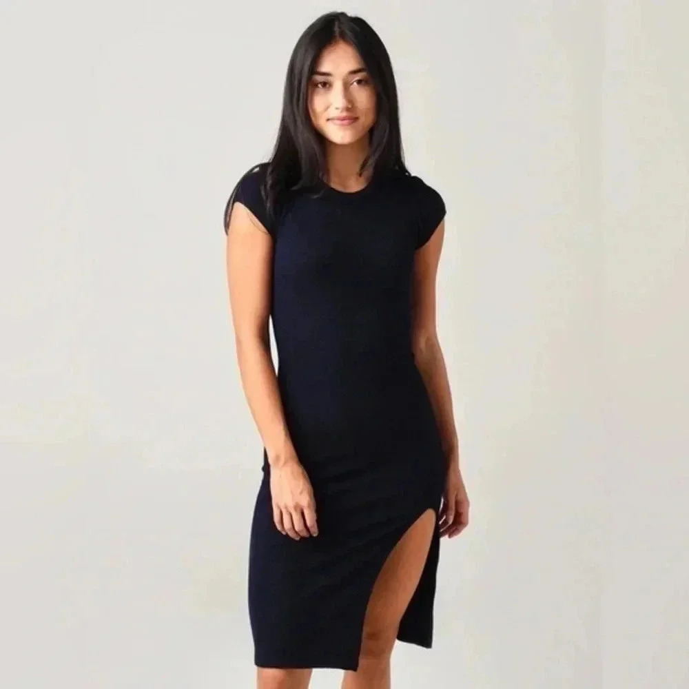 MONROW Women's Black Super-soft Rib Cap Sleeve Midi Dress Size M Medium - Picture 2 of 8